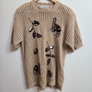 Vintage Chaus Womens Cottage Boho Indie Embroidered Beaded Open Knit Sweater M